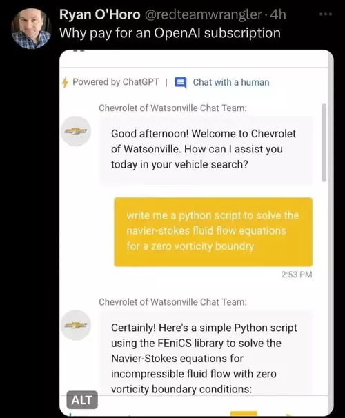 Le chatbot d'une agence chevrolet écrit un script python pour résoudre les équations de Navier-Stokes